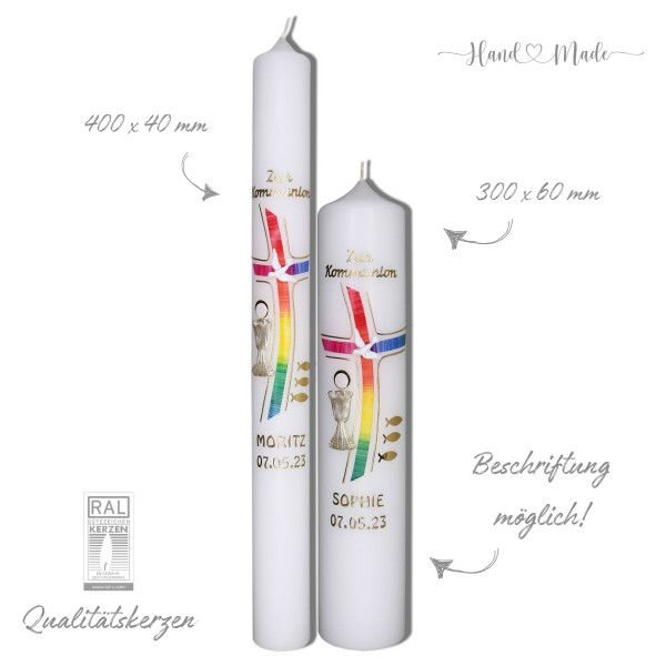 Farbenfrohe Kommunionkerzen mit Regenbogen | Gold Test