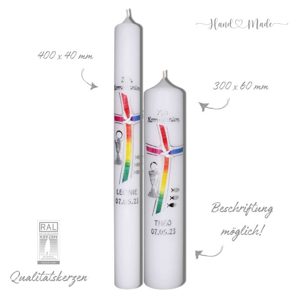 Farbenfrohe Kommunionkerzen mit Regenbogen | Silber Test